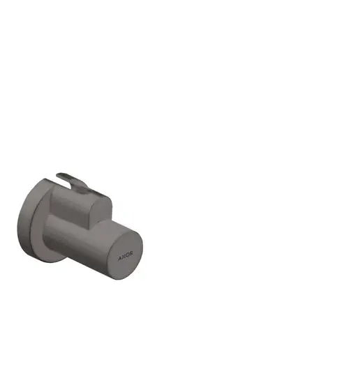 Schwarzer Wandhaken aus gebürstetem Metall, der zu Badaccessoires von Hansgrohe passt. Minimalistisches Design, geeignet für Handtücher oder Kleidungsstücke.